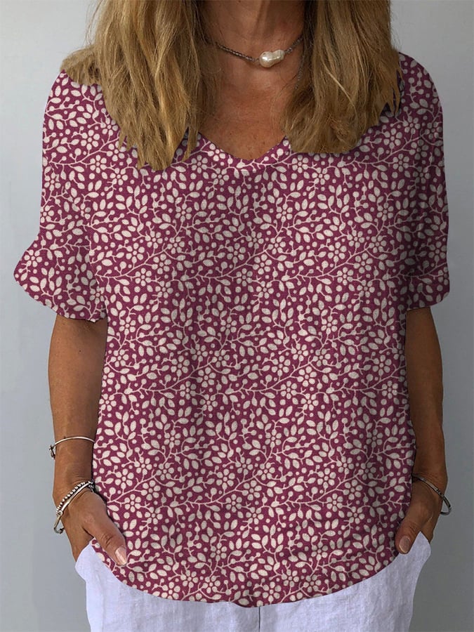 Women's Retro Floral Casual V-Neck Cotton And Linen Top